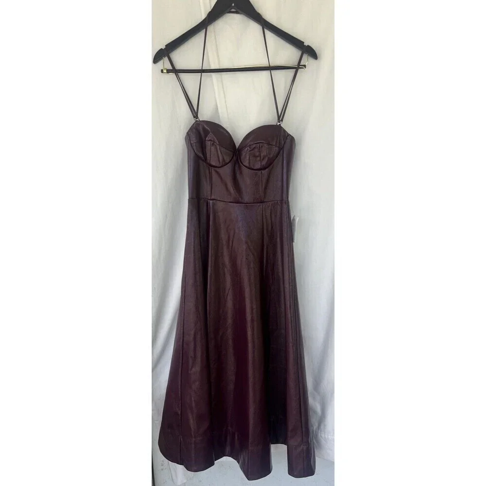 Staud Women Abstract Plum Burgundy Corset Faux Leather Midi Dress